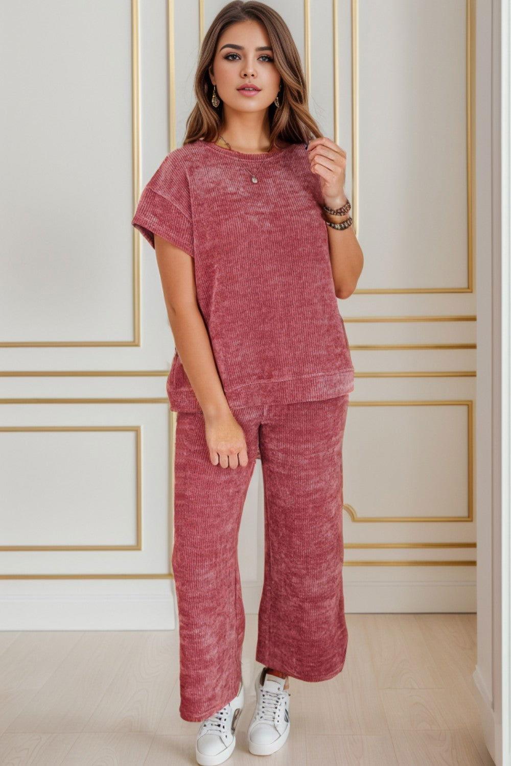 Round Neck Short Sleeve Top and Pants Set - Clothes For Her Online Store