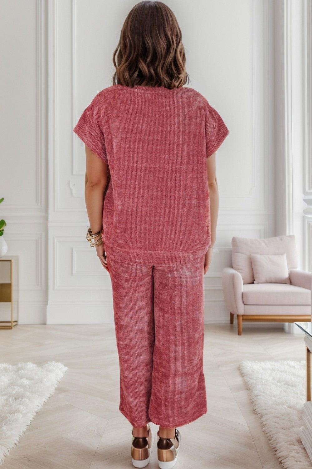 Round Neck Short Sleeve Top and Pants Set - Clothes For Her Online Store