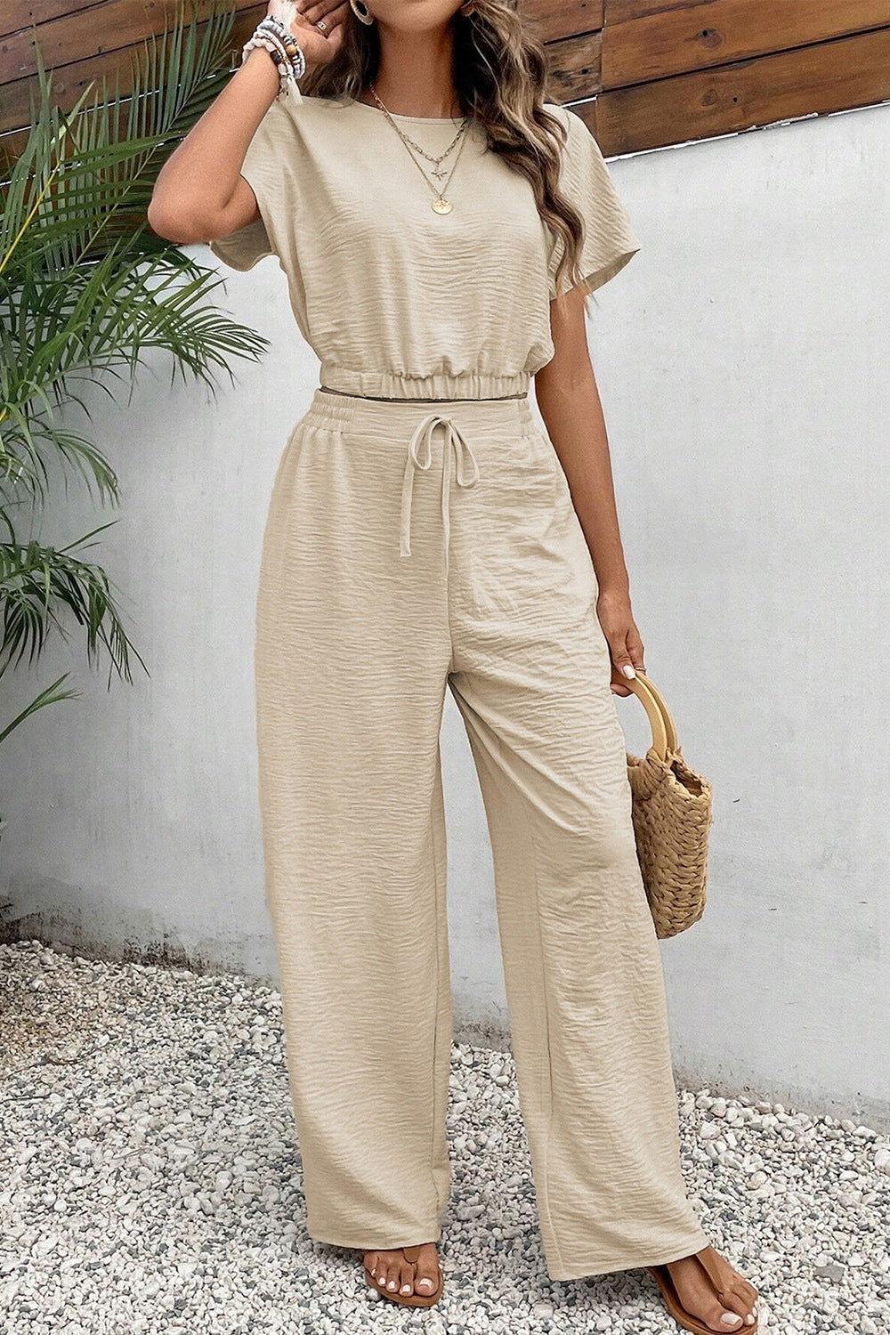 Round Neck Short Sleeve Top and Pants Set - Clothes For Her Online Store