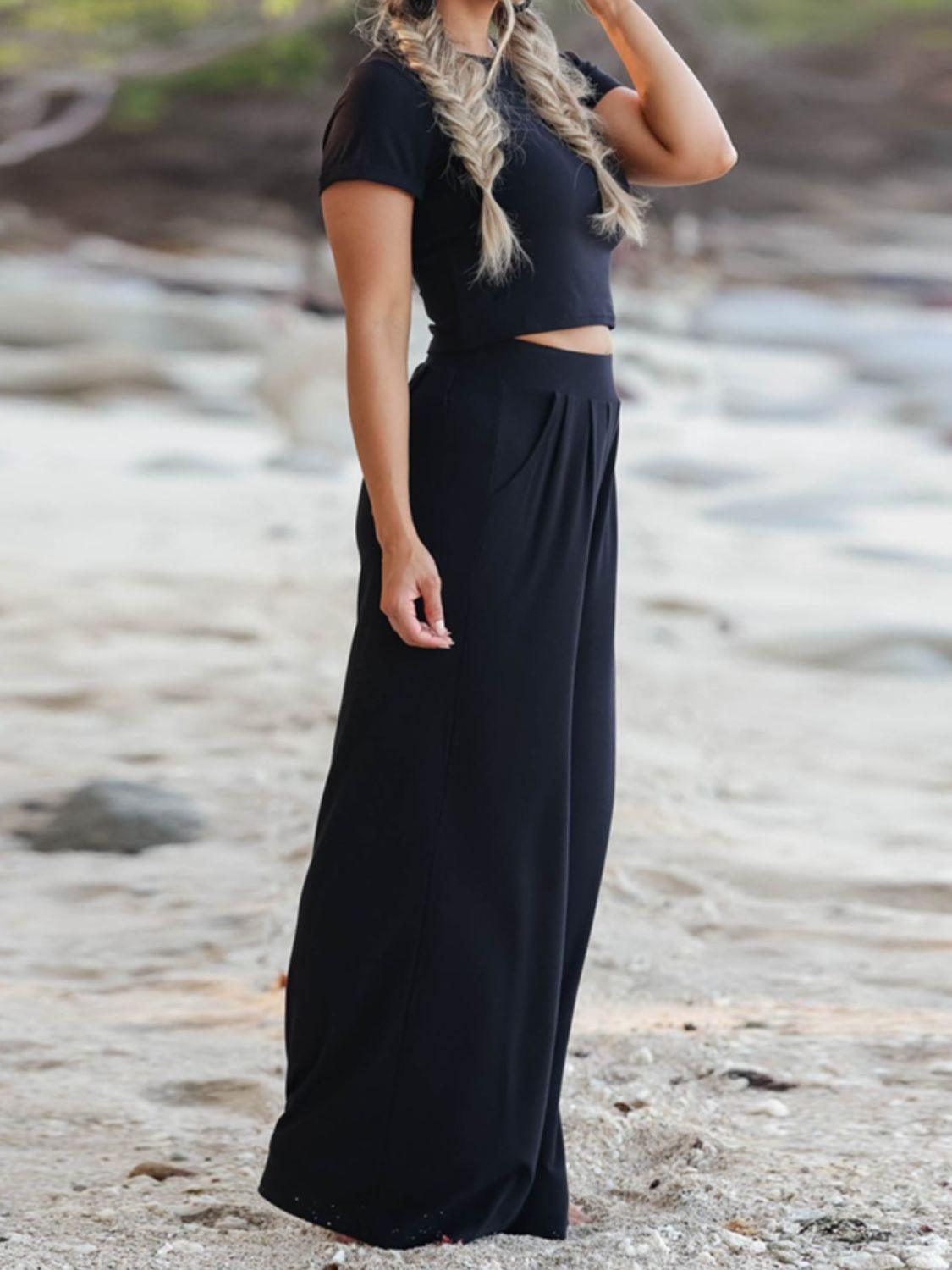 Round Neck Short Sleeve Top and Pocketed Pants Set - Clothes For Her Online Store