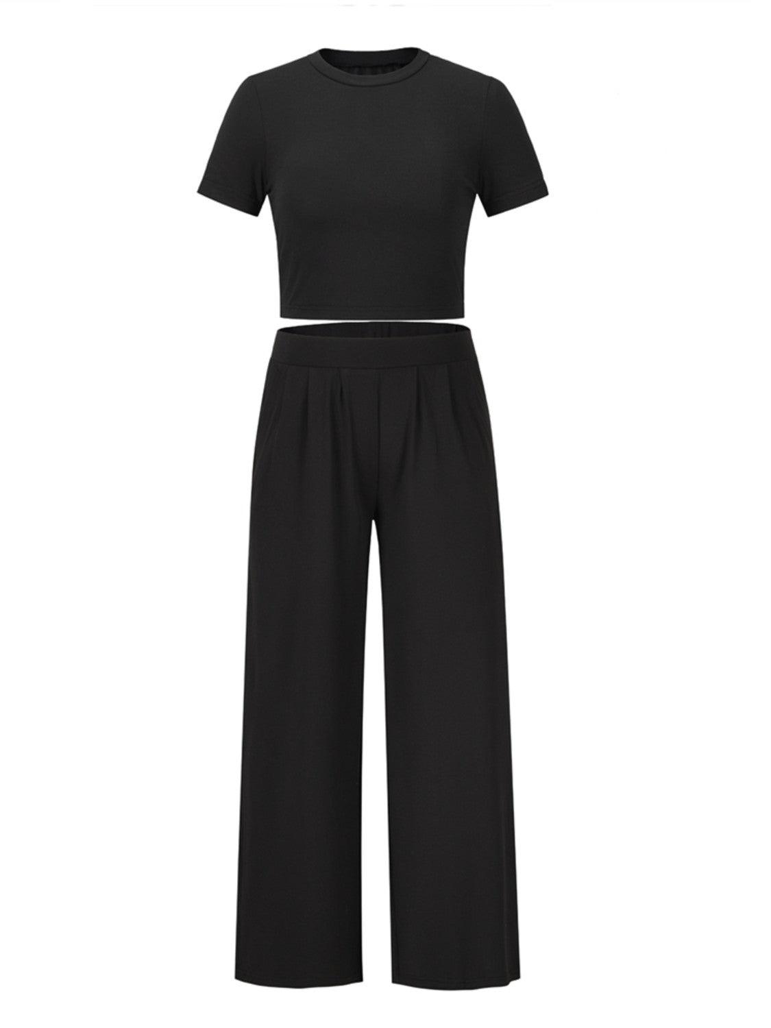 Round Neck Short Sleeve Top and Pocketed Pants Set - Clothes For Her Online Store