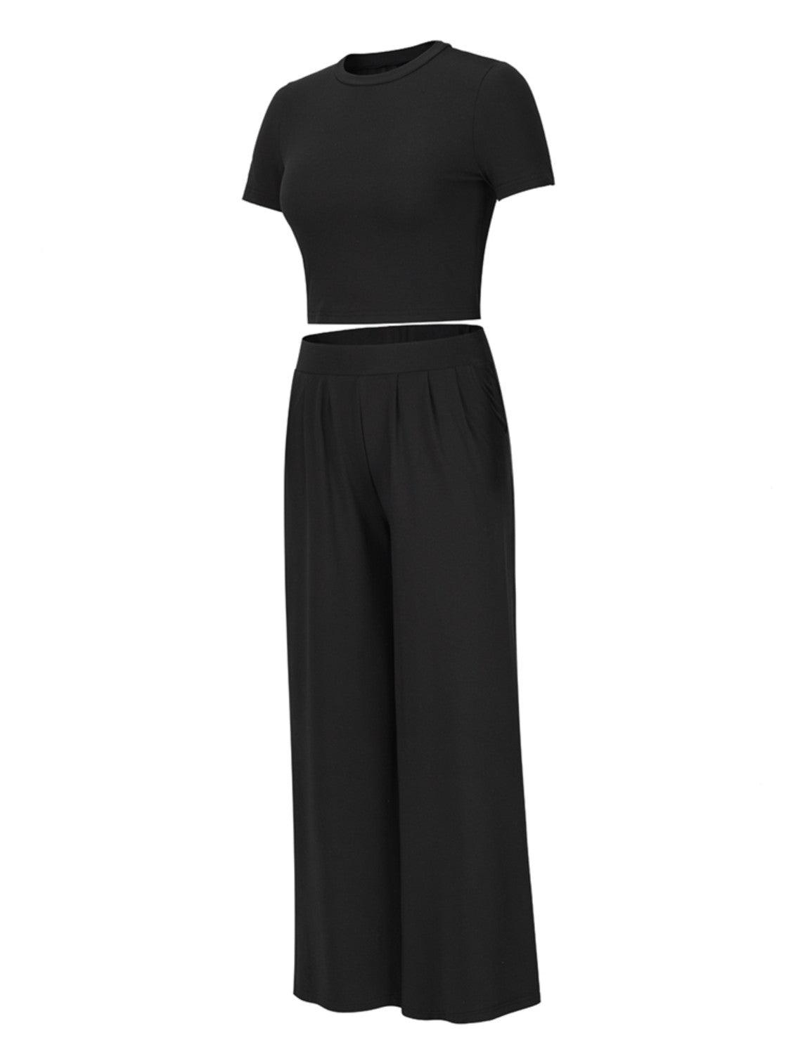 Round Neck Short Sleeve Top and Pocketed Pants Set - Clothes For Her Online Store