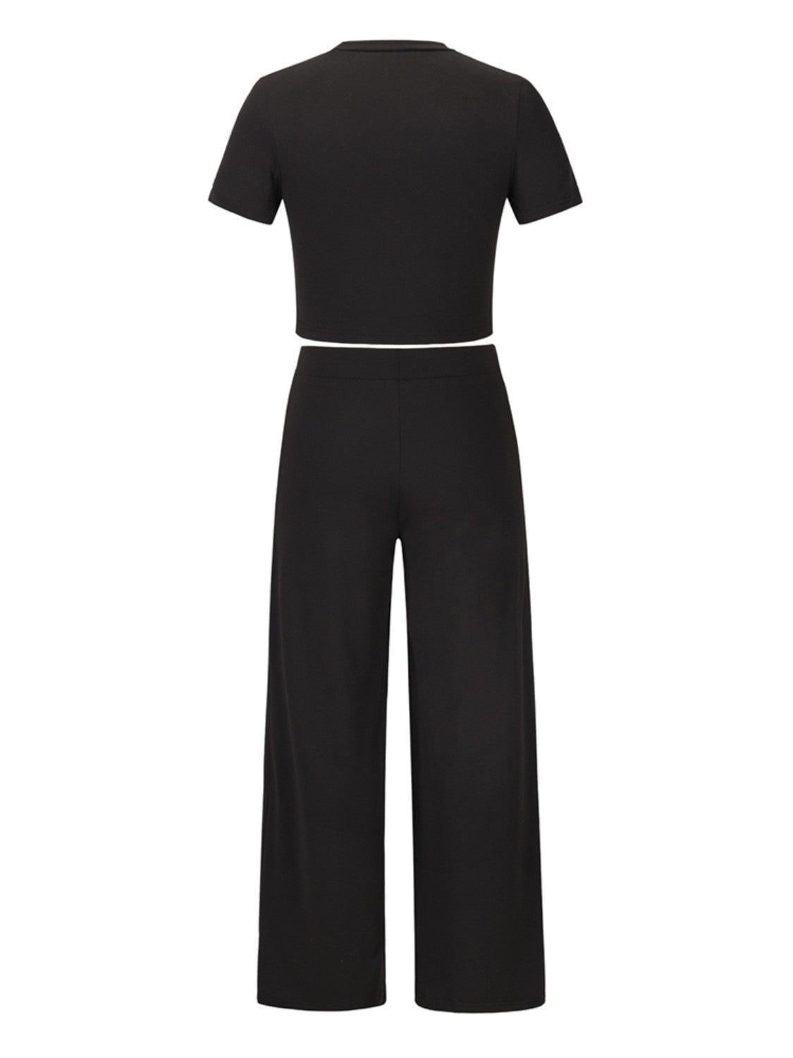 Round Neck Short Sleeve Top and Pocketed Pants Set - Clothes For Her Online Store