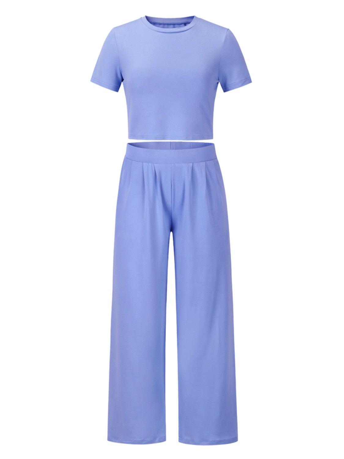 Round Neck Short Sleeve Top and Pocketed Pants Set - Clothes For Her Online Store