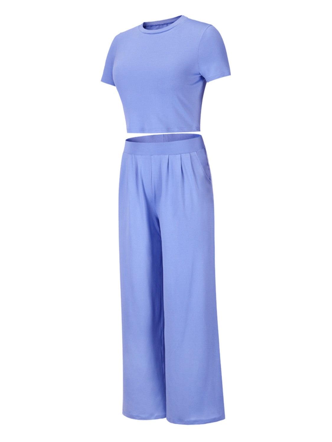 Round Neck Short Sleeve Top and Pocketed Pants Set - Clothes For Her Online Store