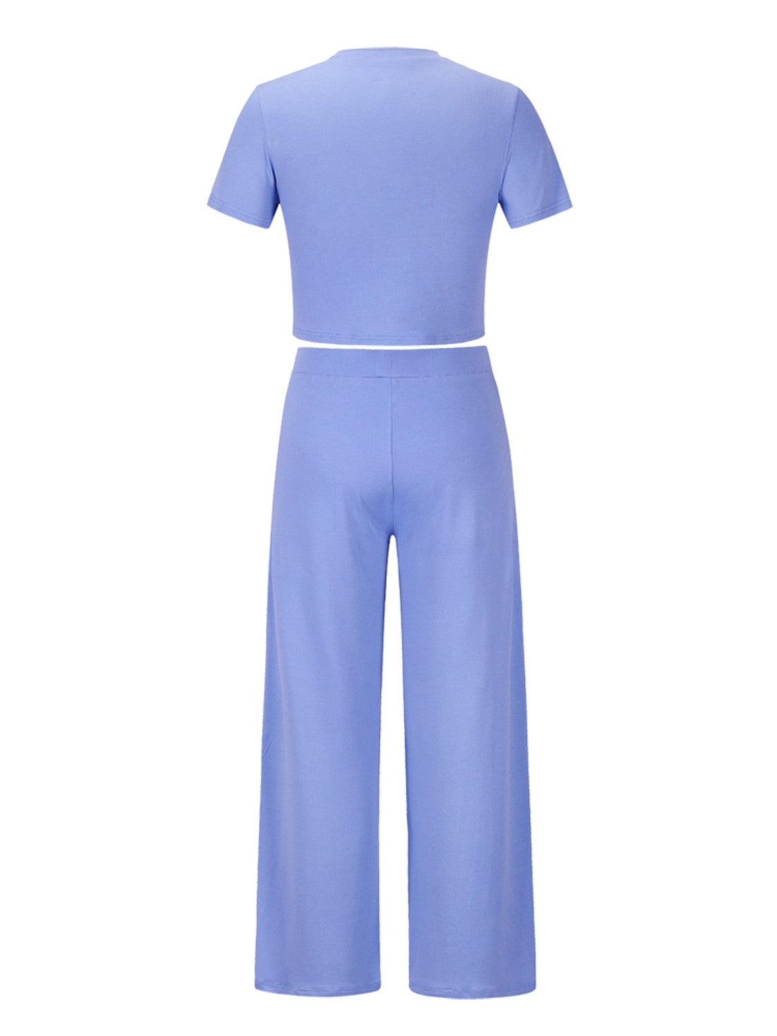Round Neck Short Sleeve Top and Pocketed Pants Set - Clothes For Her Online Store