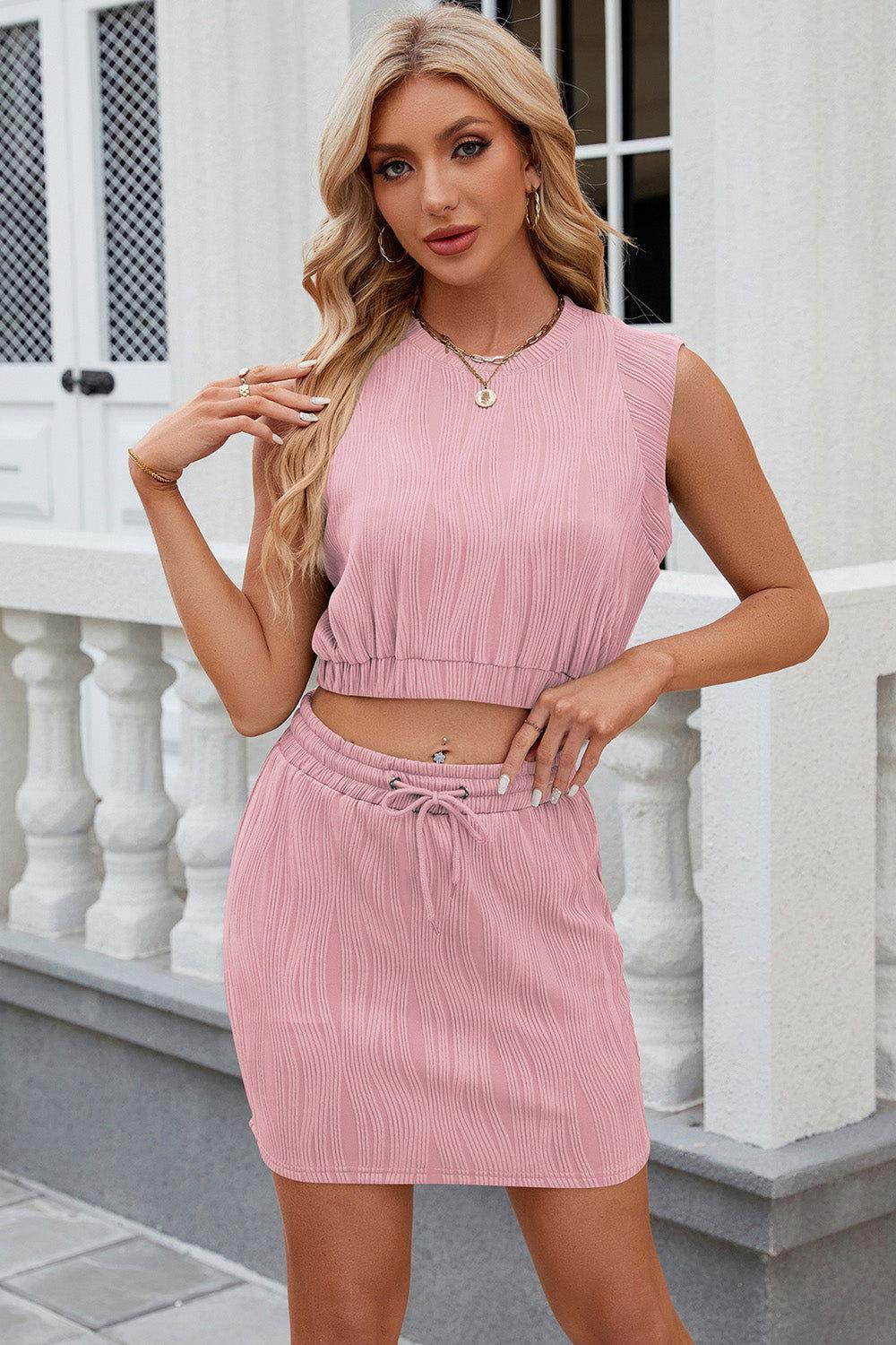 Round Neck Sleeveless Top and Drawstring Skirt Set - Clothes For Her Online Store