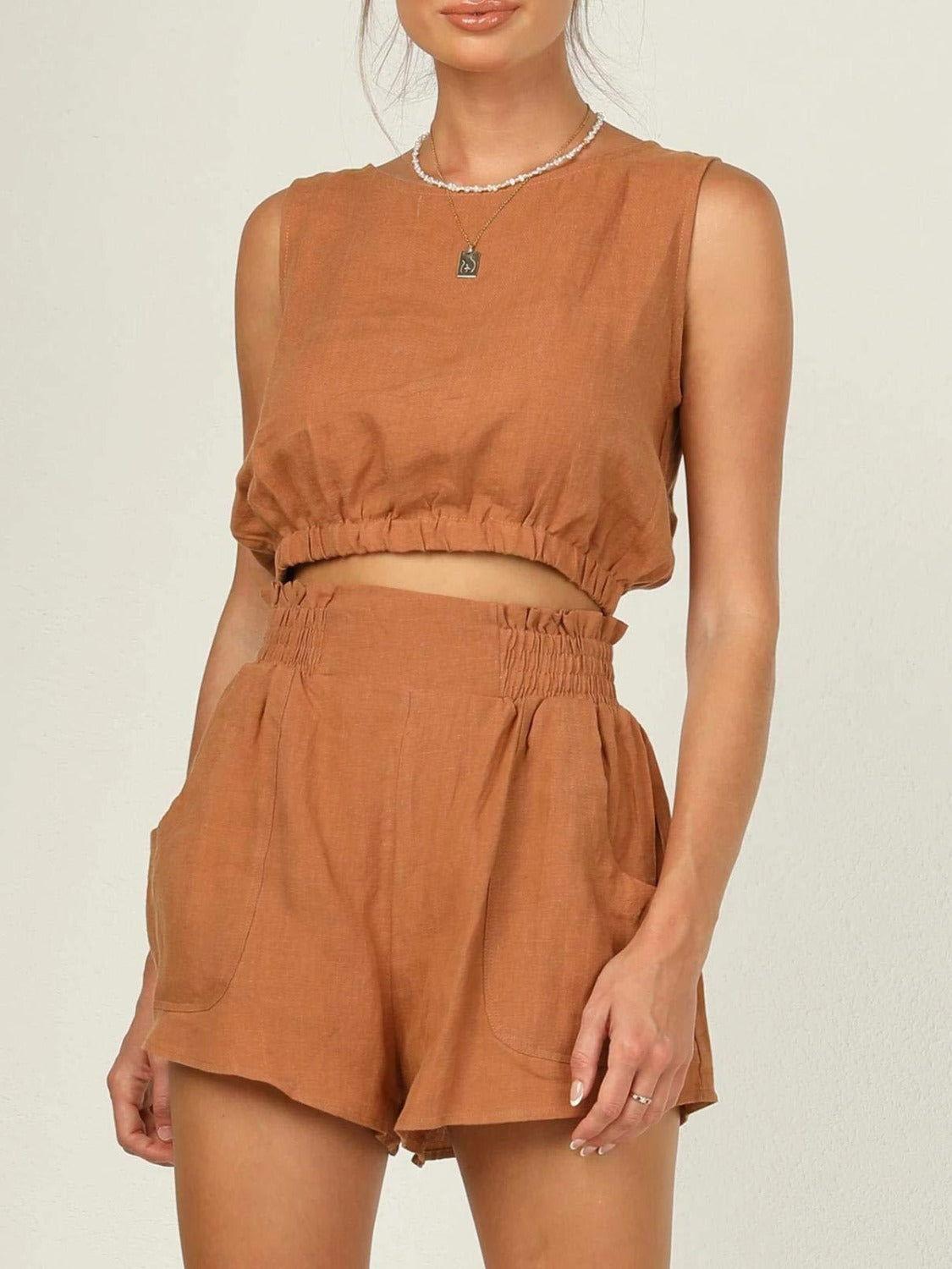 Round Neck Sleeveless Top and Shorts Set - Clothes For Her Online Store