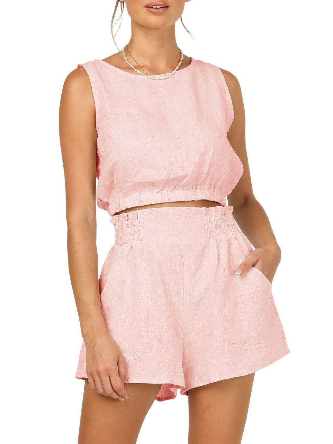 Round Neck Sleeveless Top and Shorts Set - Clothes For Her Online Store
