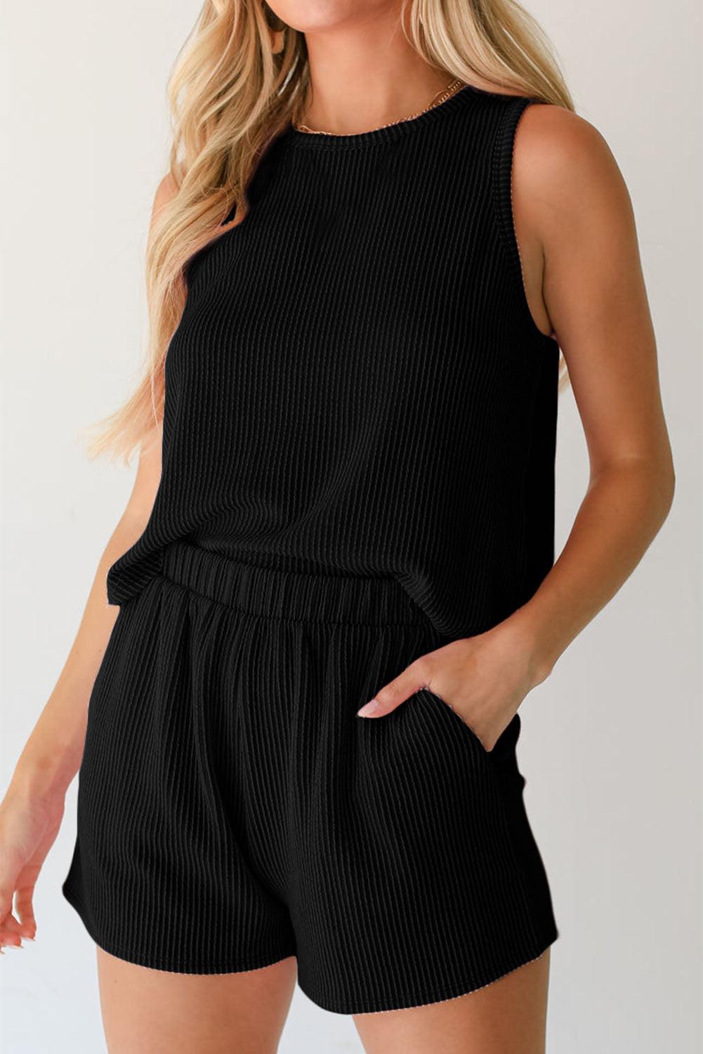 Round Neck Sleeveless Top and Shorts Set - Clothes For Her Online Store