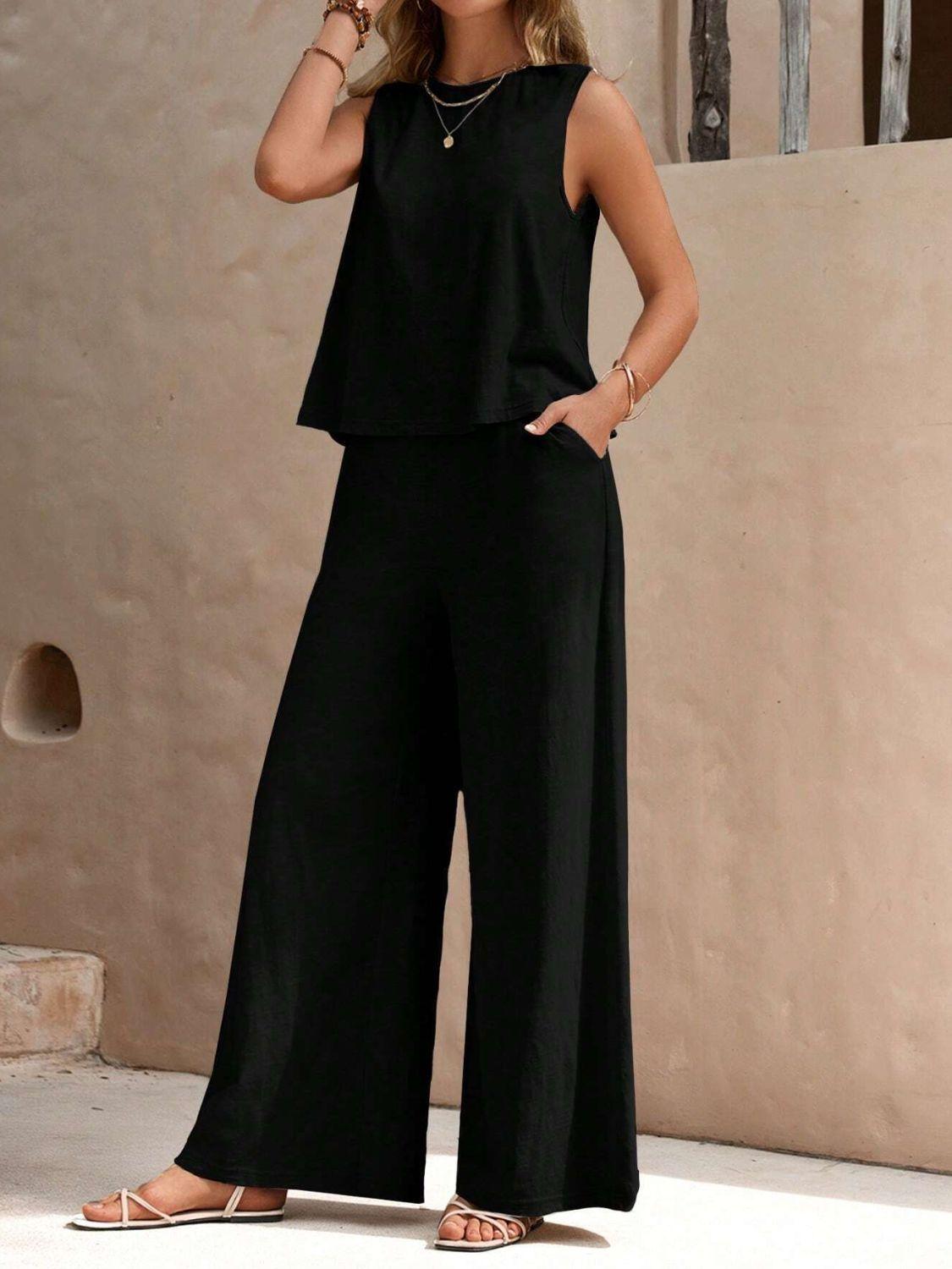Round Neck Sleeveless Top and Wide Leg Pants Set - Clothes For Her Online Store
