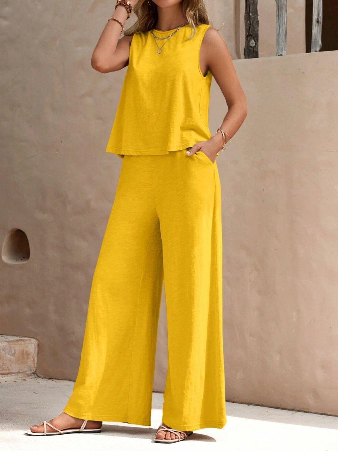 Round Neck Sleeveless Top and Wide Leg Pants Set - Clothes For Her Online Store