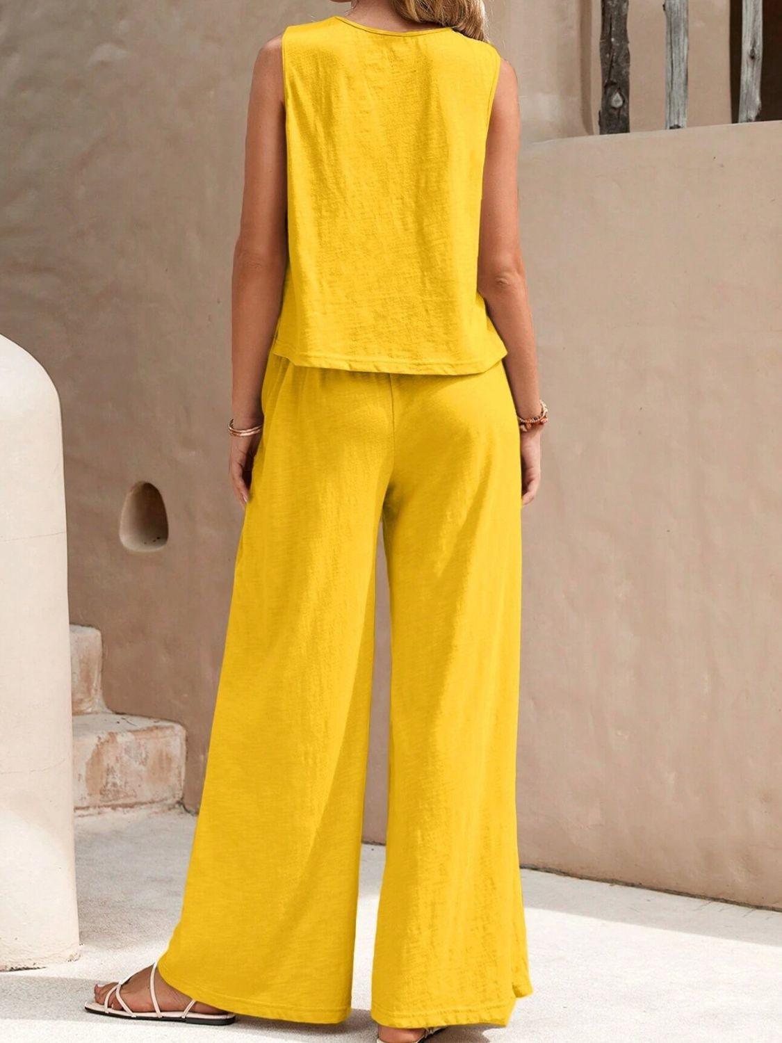 Round Neck Sleeveless Top and Wide Leg Pants Set - Clothes For Her Online Store