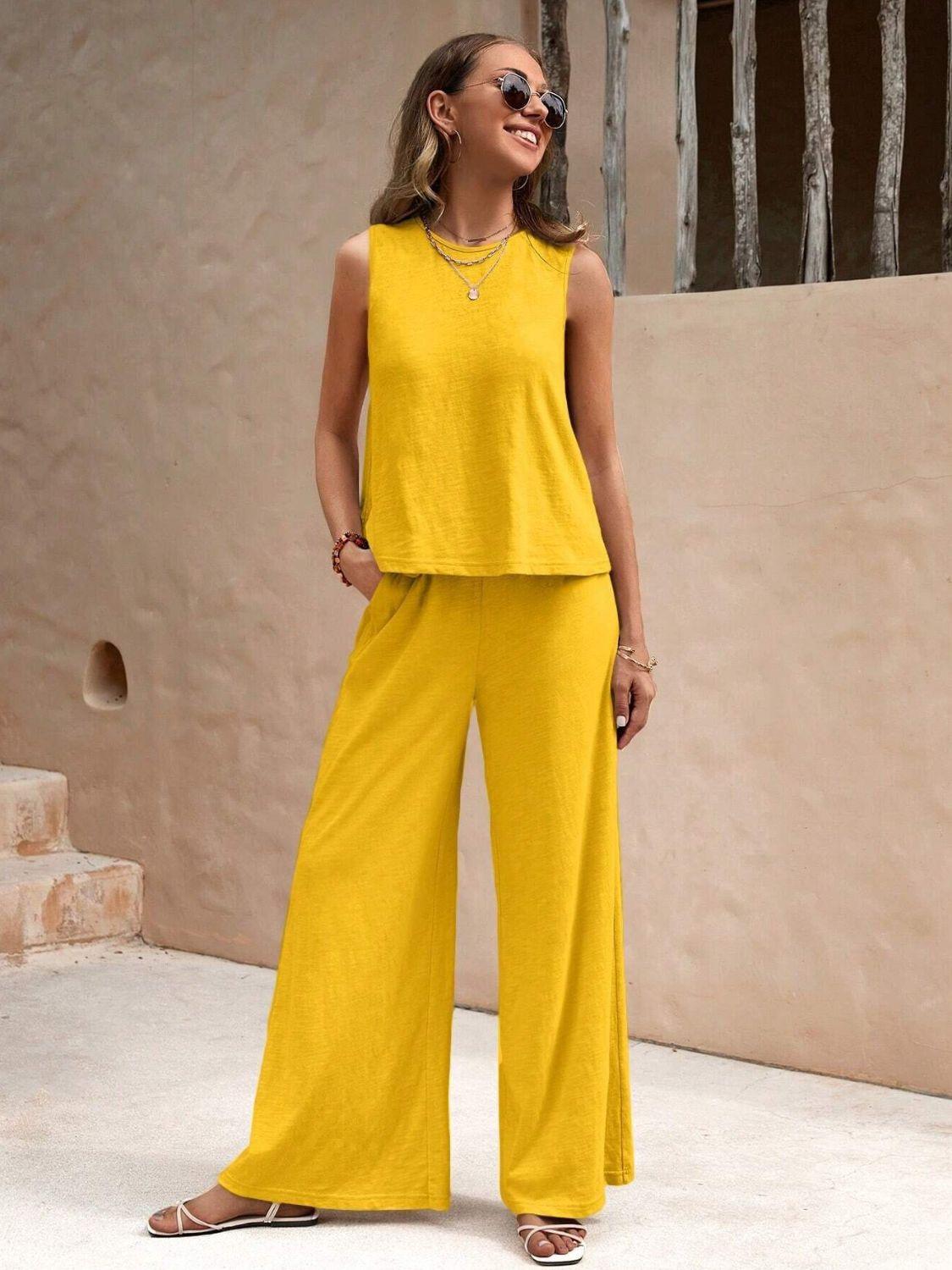 Round Neck Sleeveless Top and Wide Leg Pants Set - Clothes For Her Online Store
