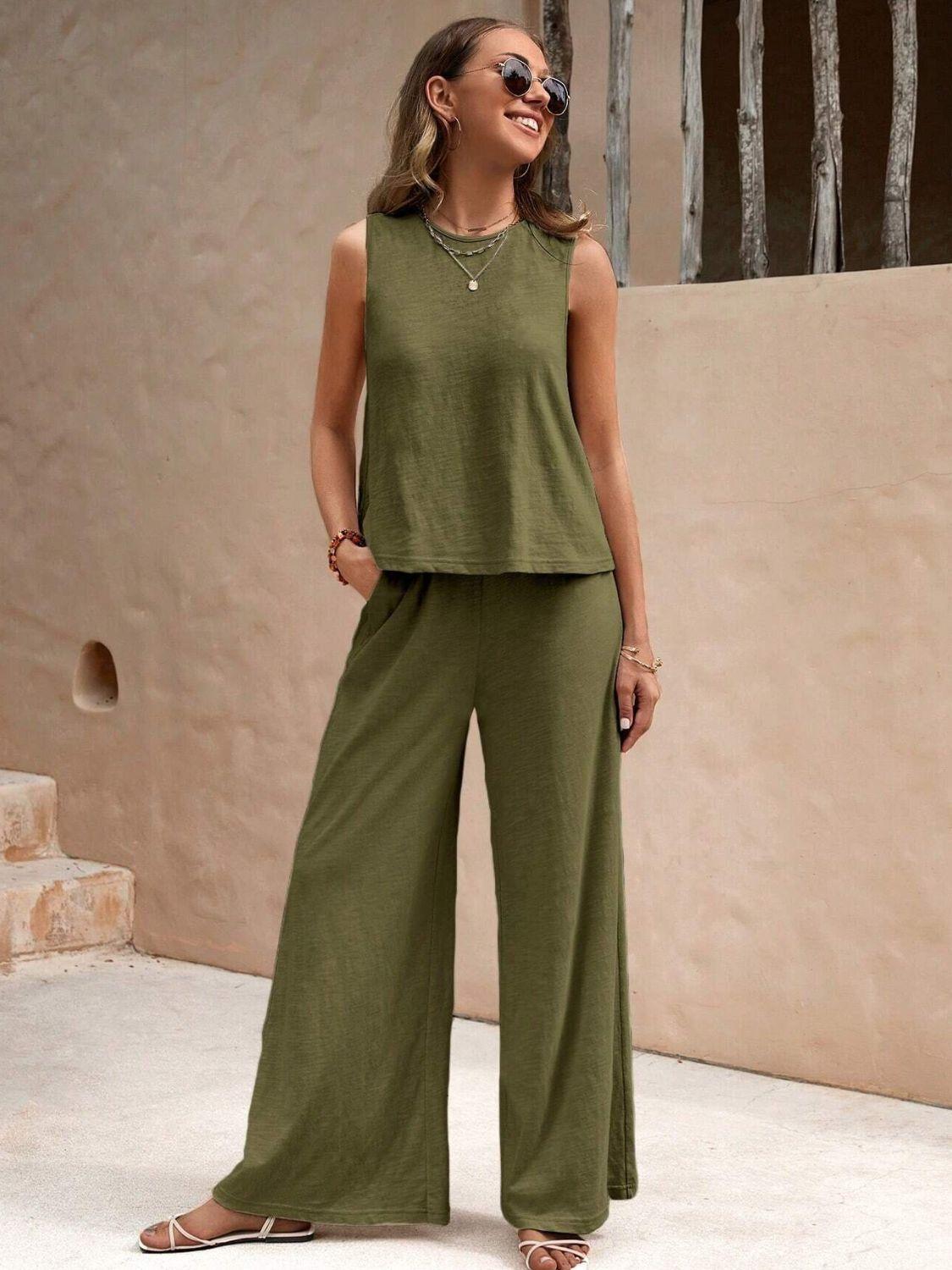 Round Neck Sleeveless Top and Wide Leg Pants Set - Clothes For Her Online Store