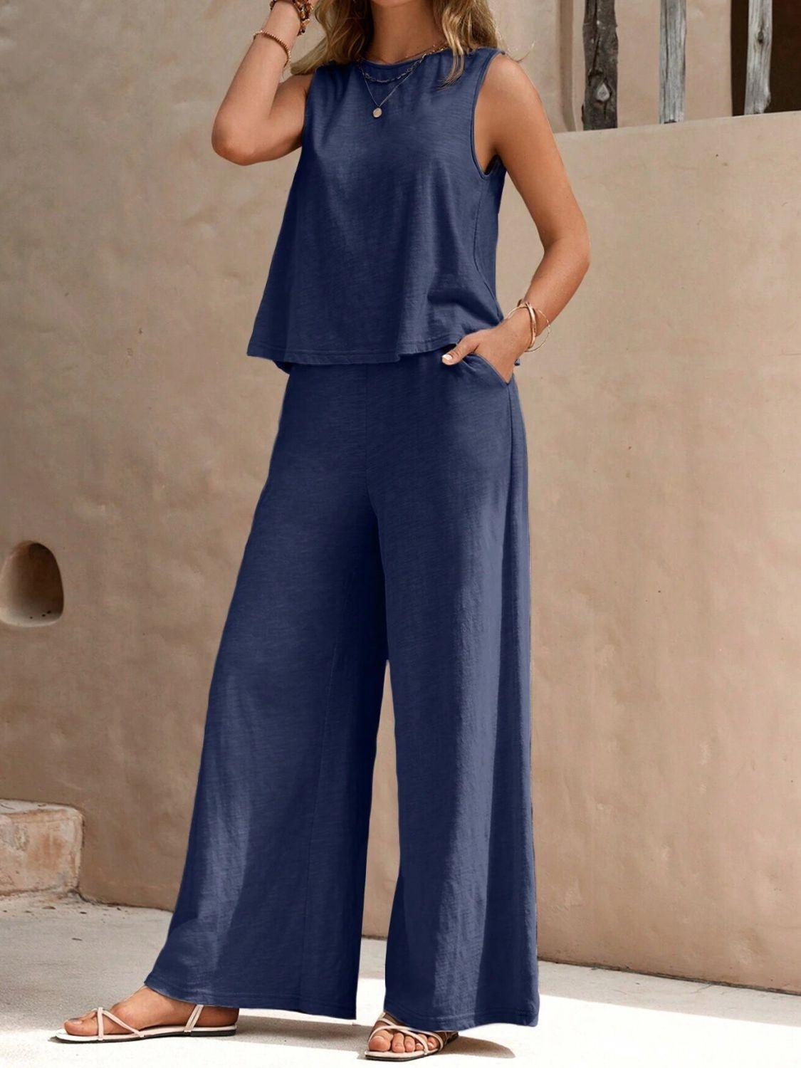 Round Neck Sleeveless Top and Wide Leg Pants Set - Clothes For Her Online Store