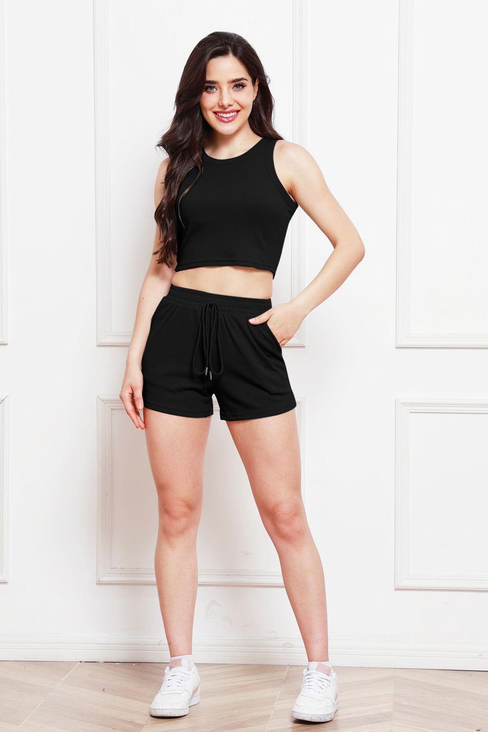 Round Neck Tank and Drawstring Shorts Set - Clothes For Her Online Store
