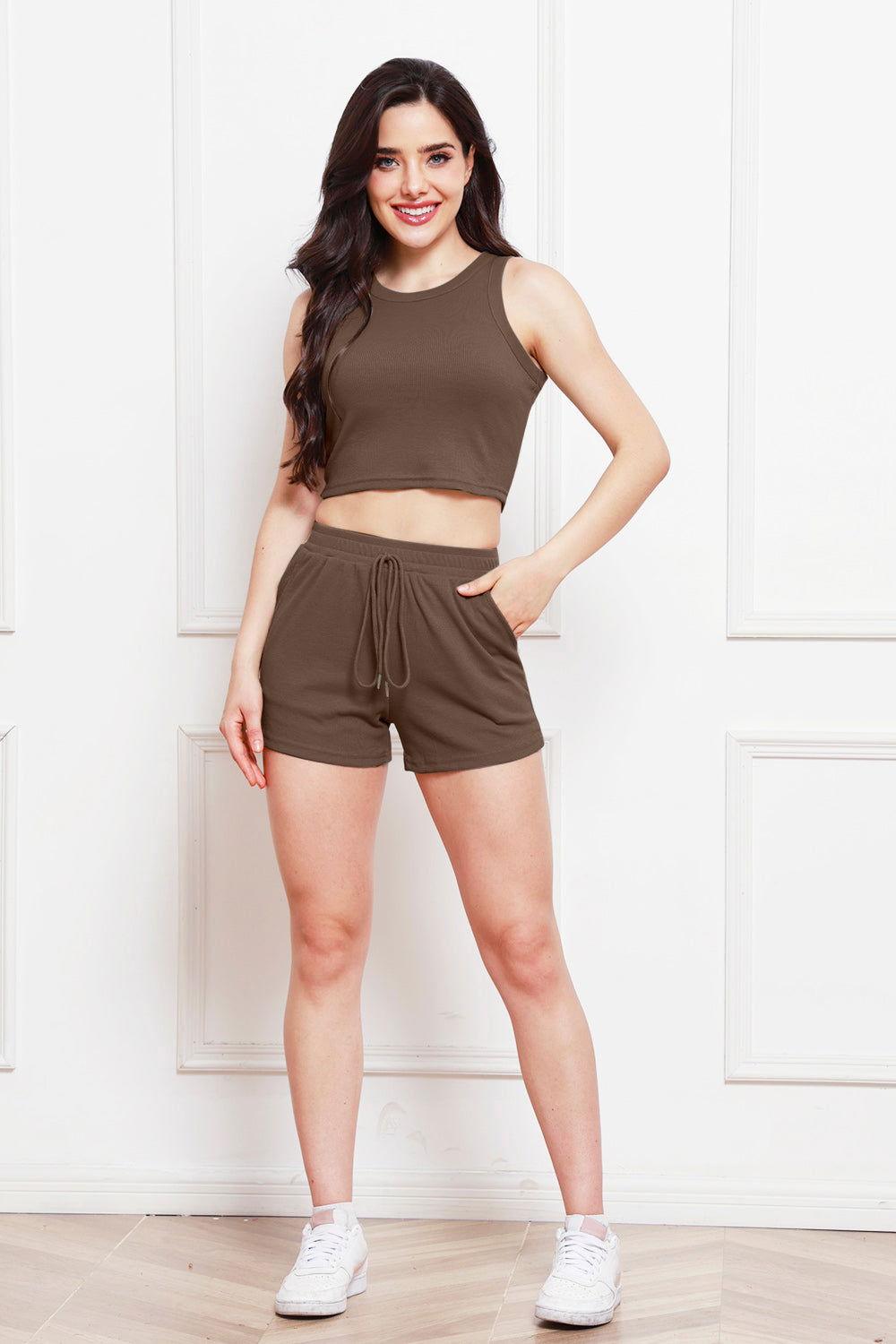 Round Neck Tank and Drawstring Shorts Set - Clothes For Her Online Store