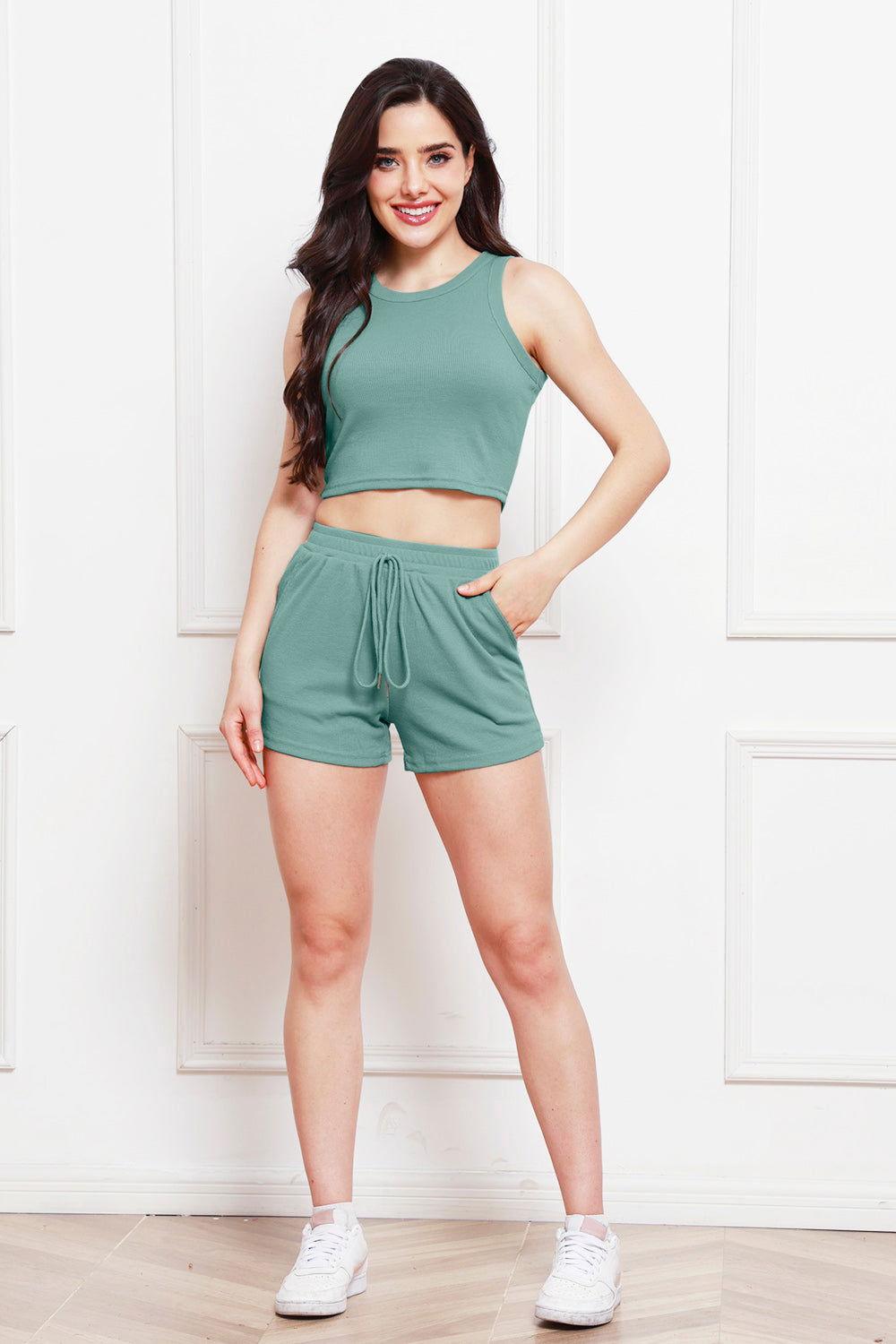 Round Neck Tank and Drawstring Shorts Set - Clothes For Her Online Store