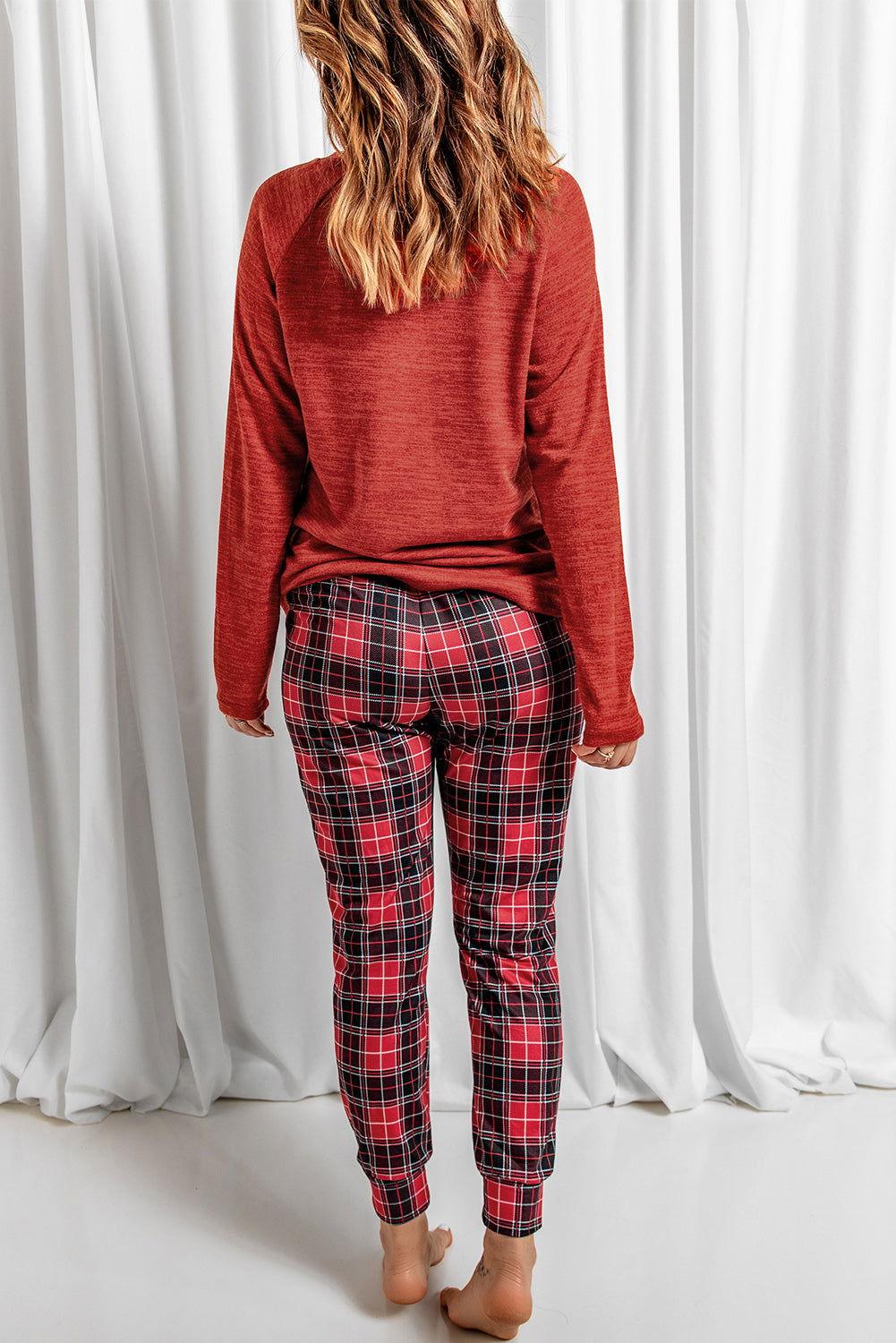 Round Neck Top and Drawstring Plaid Pants Lounge Set - Clothes For Her Online Store