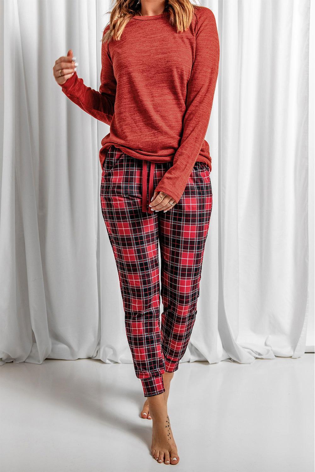 Round Neck Top and Drawstring Plaid Pants Lounge Set - Clothes For Her Online Store