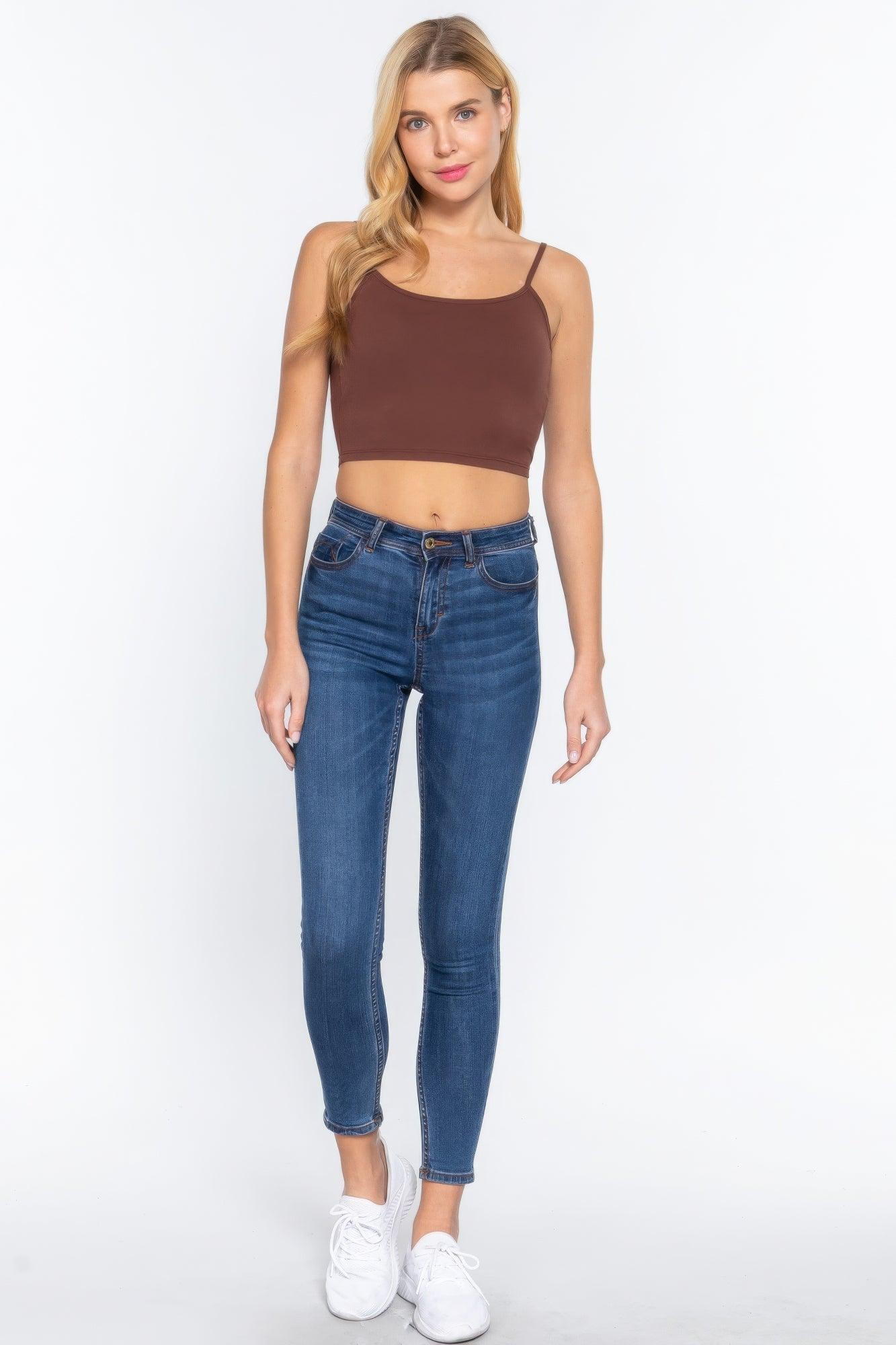 Round Neck W/removable Bra Cup Cotton Spandex Bra Top - Clothes For Her Online Store