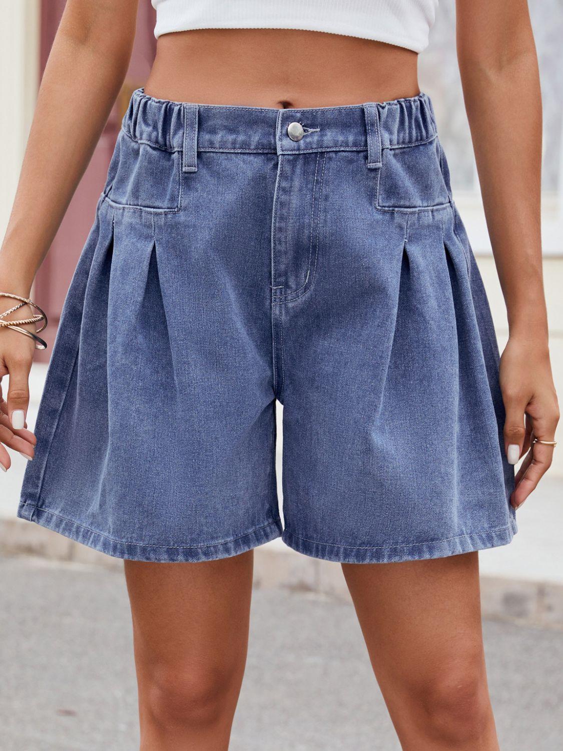 Ruched Half Elastic Waist Denim Shorts - Clothes For Her Online Store