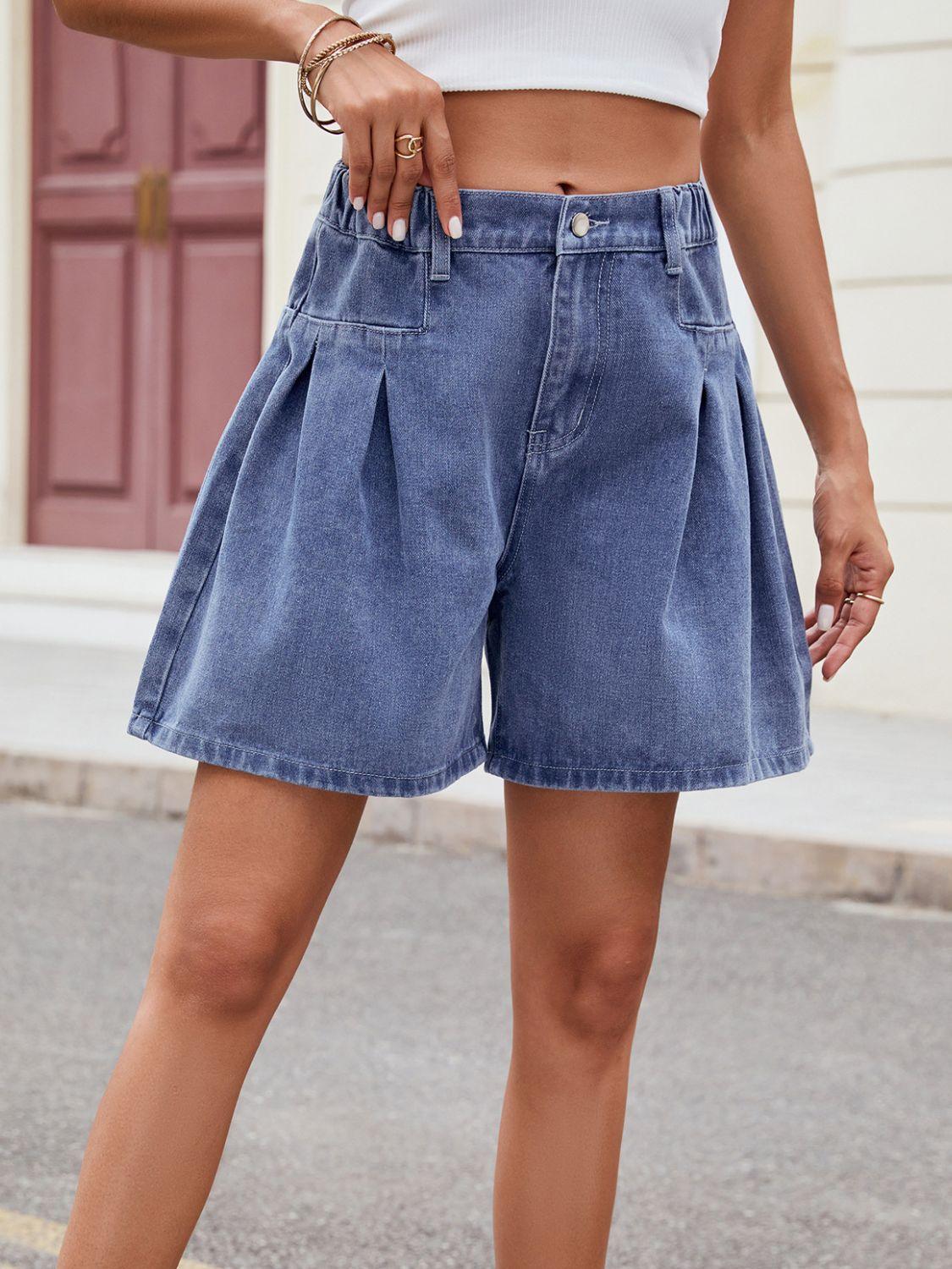 Ruched Half Elastic Waist Denim Shorts - Clothes For Her Online Store