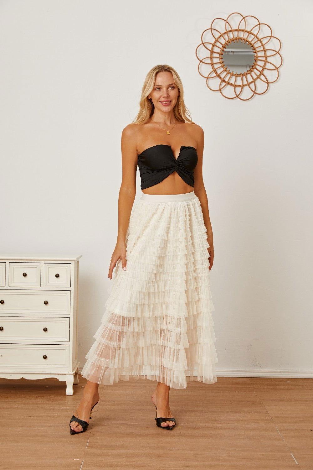 Ruched High Waist Tiered Skirt - Clothes For Her Online Store
