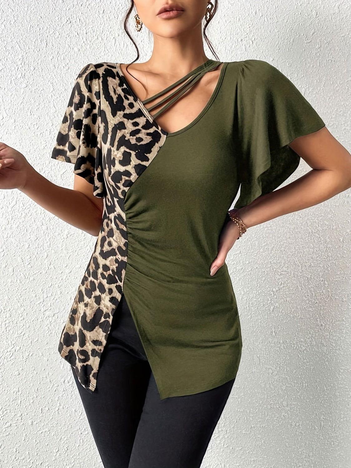 Ruched Leopard Flutter Sleeve T-Shirt - Clothes For Her Online Store
