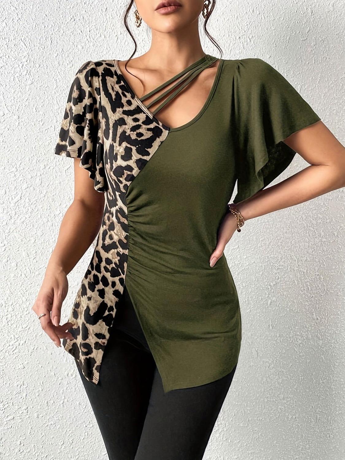 Ruched Leopard Flutter Sleeve T-Shirt - Clothes For Her Online Store