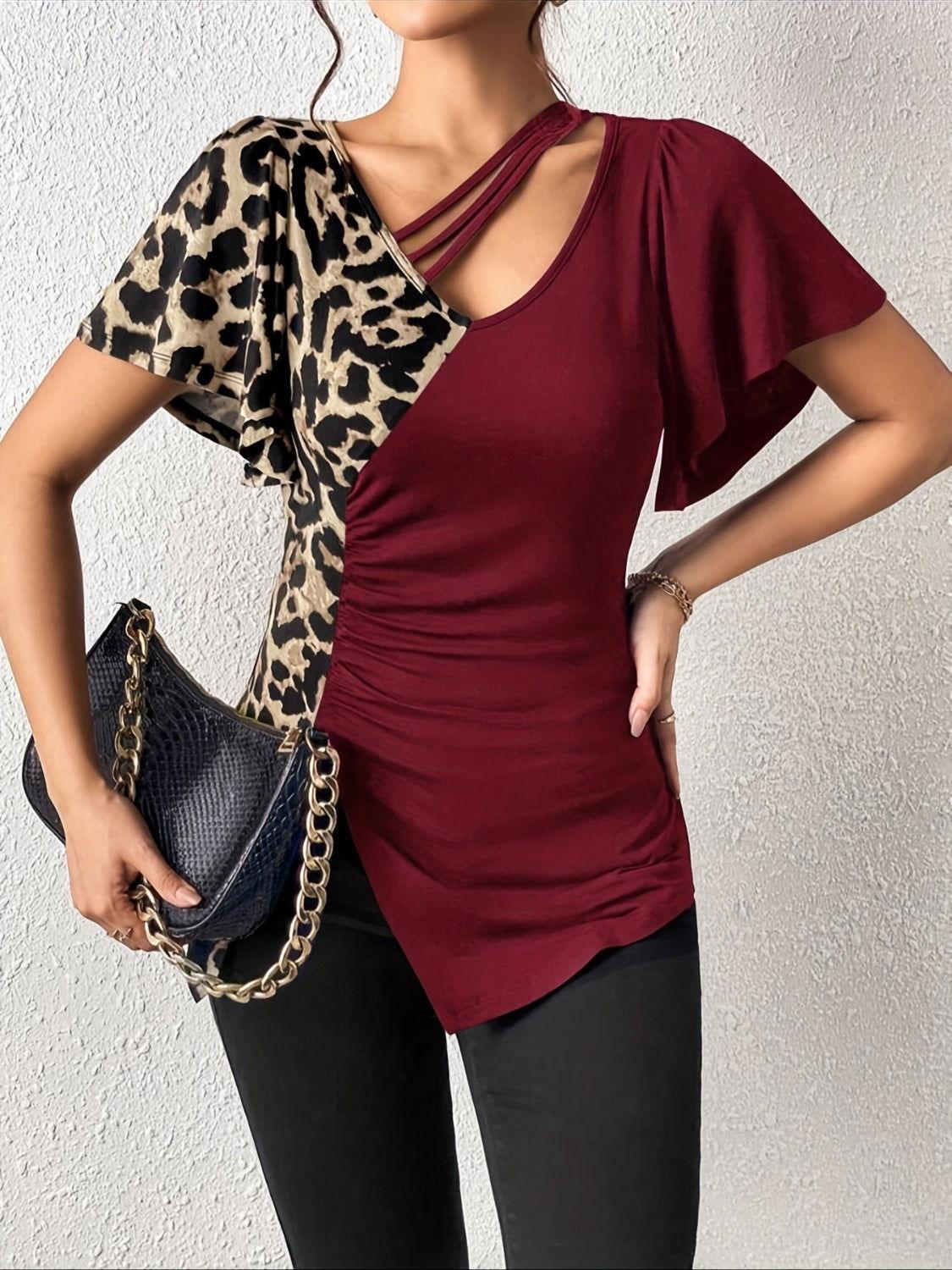 Ruched Leopard Flutter Sleeve T-Shirt - Clothes For Her Online Store