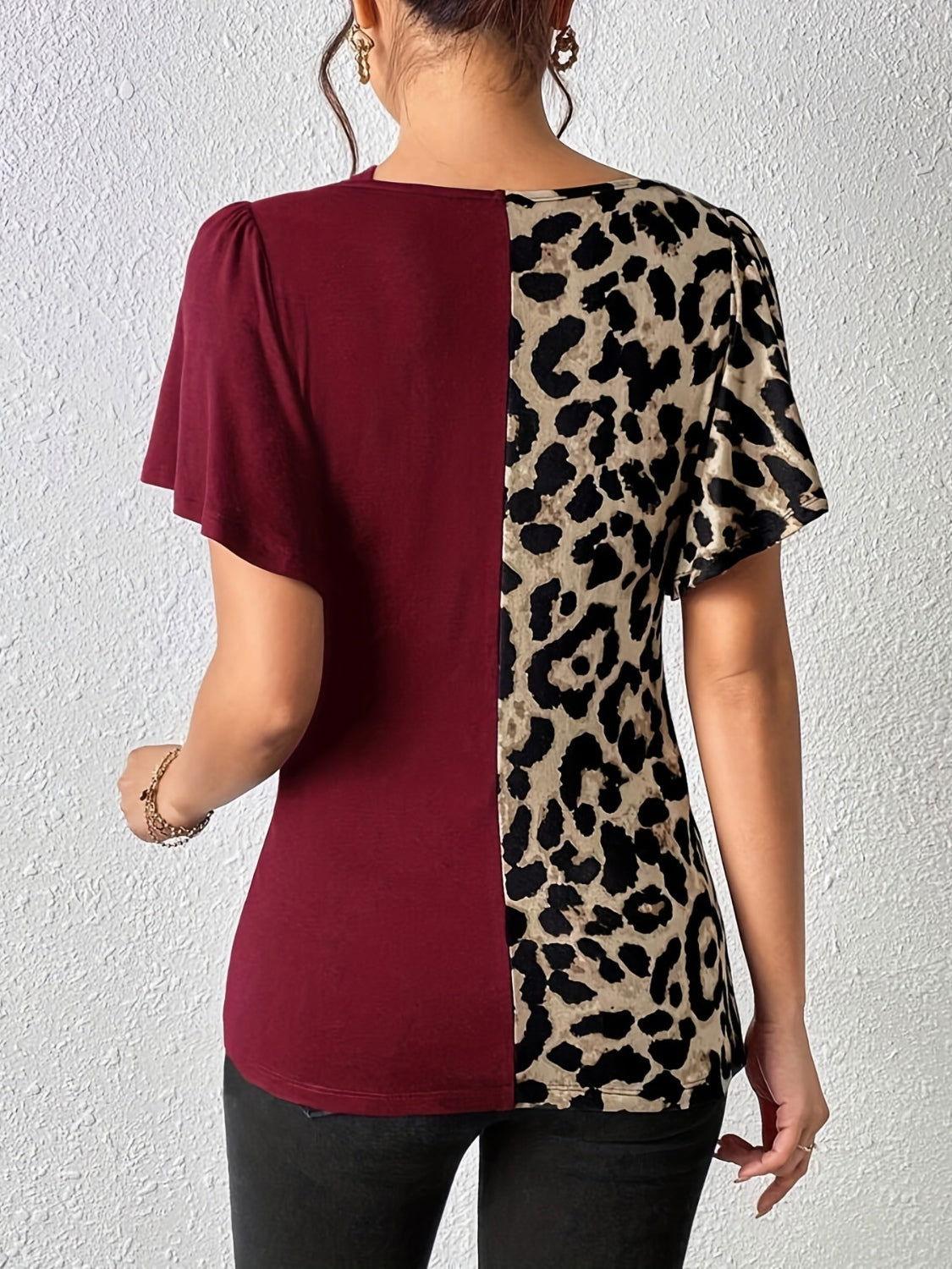 Ruched Leopard Flutter Sleeve T-Shirt - Clothes For Her Online Store