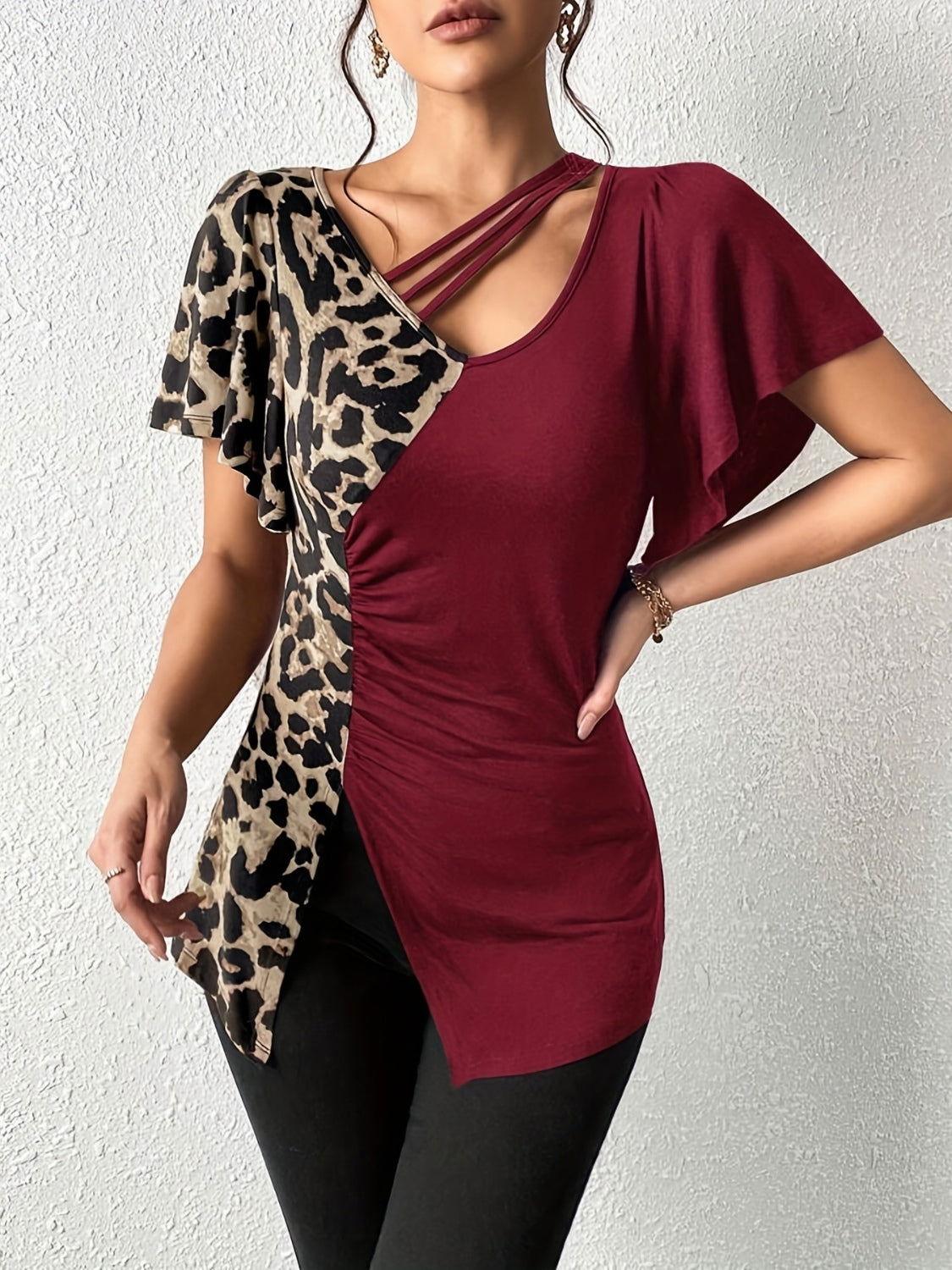 Ruched Leopard Flutter Sleeve T-Shirt - Clothes For Her Online Store