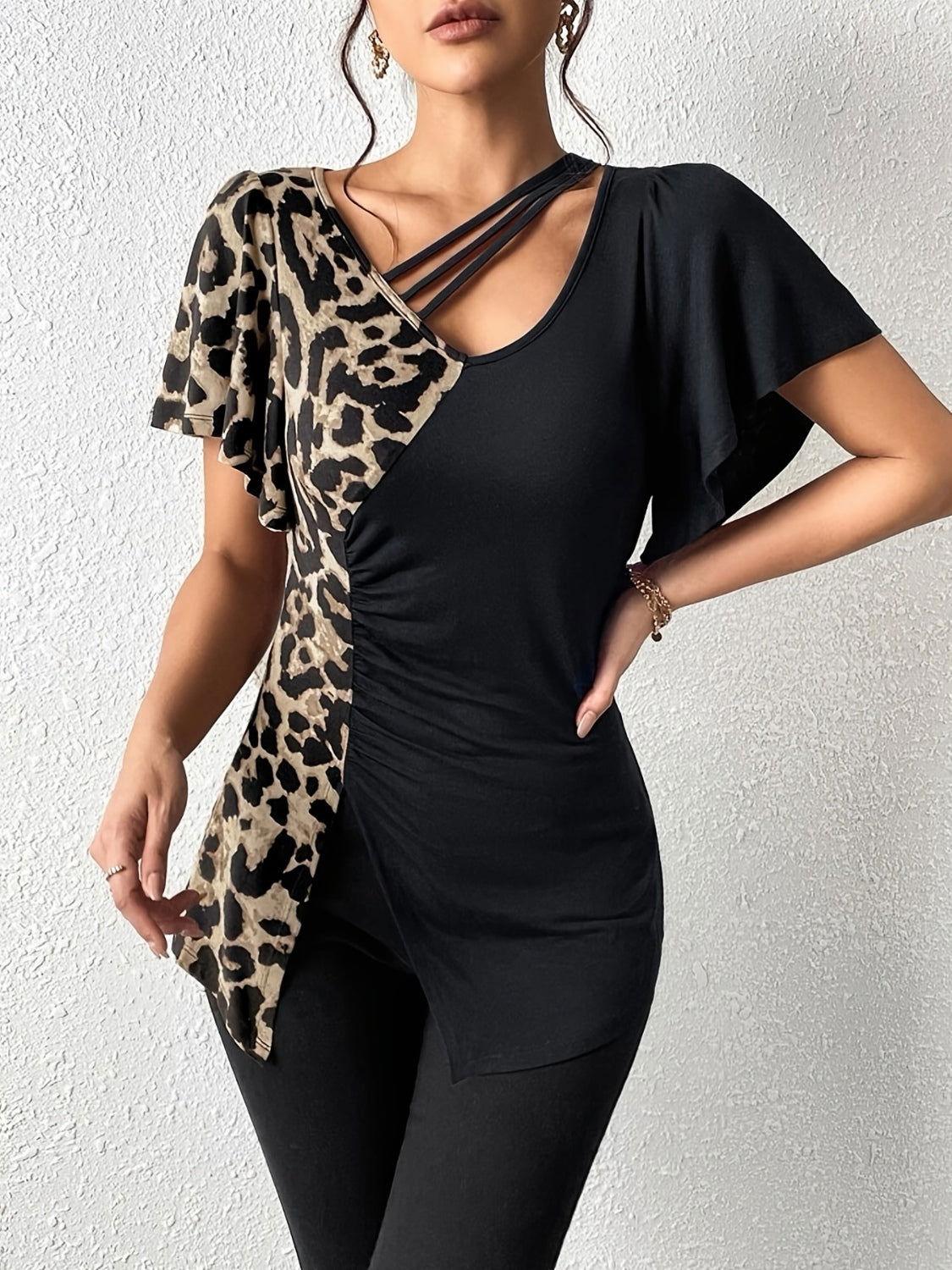 Ruched Leopard Flutter Sleeve T-Shirt - Clothes For Her Online Store
