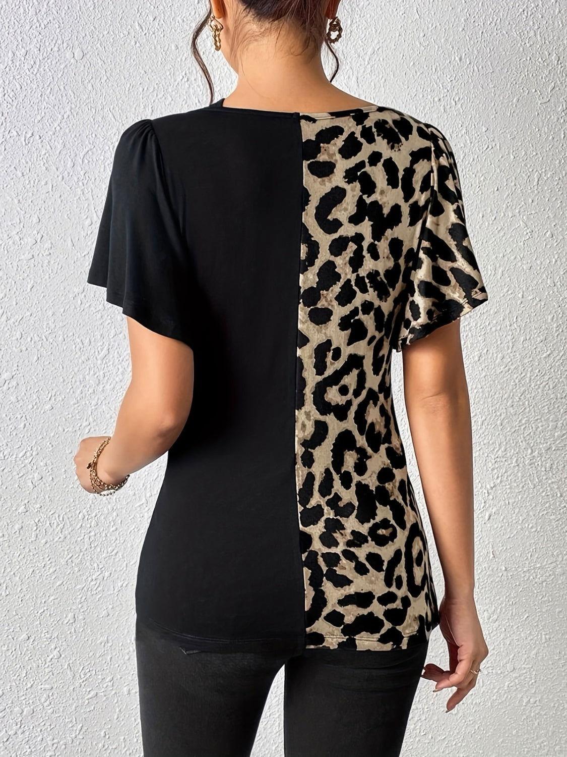 Ruched Leopard Flutter Sleeve T-Shirt - Clothes For Her Online Store