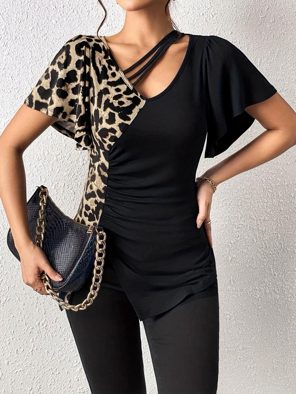 Ruched Leopard Flutter Sleeve T-Shirt - Clothes For Her Online Store
