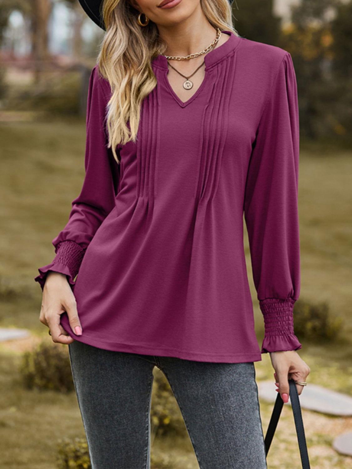 Ruched Notched Long Sleeve T-Shirt - Clothes For Her Online Store
