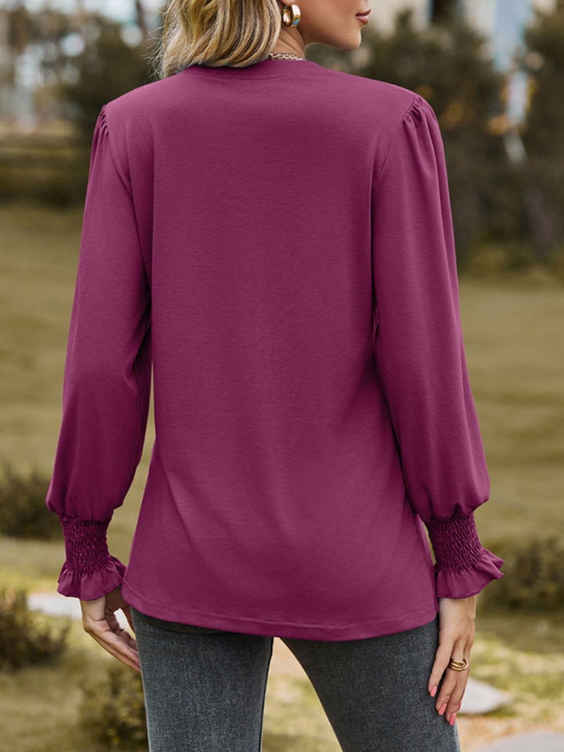 Ruched Notched Long Sleeve T-Shirt - Clothes For Her Online Store