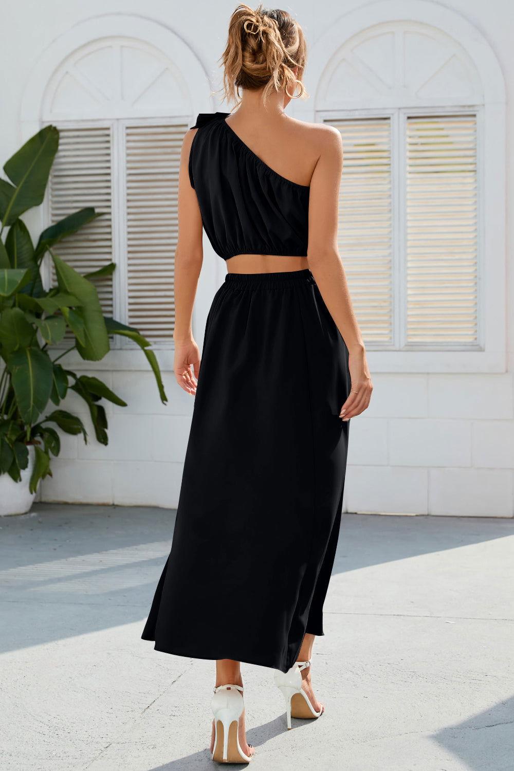 Ruched One Shoulder Top and Slit Skirt Set - Clothes For Her Online Store