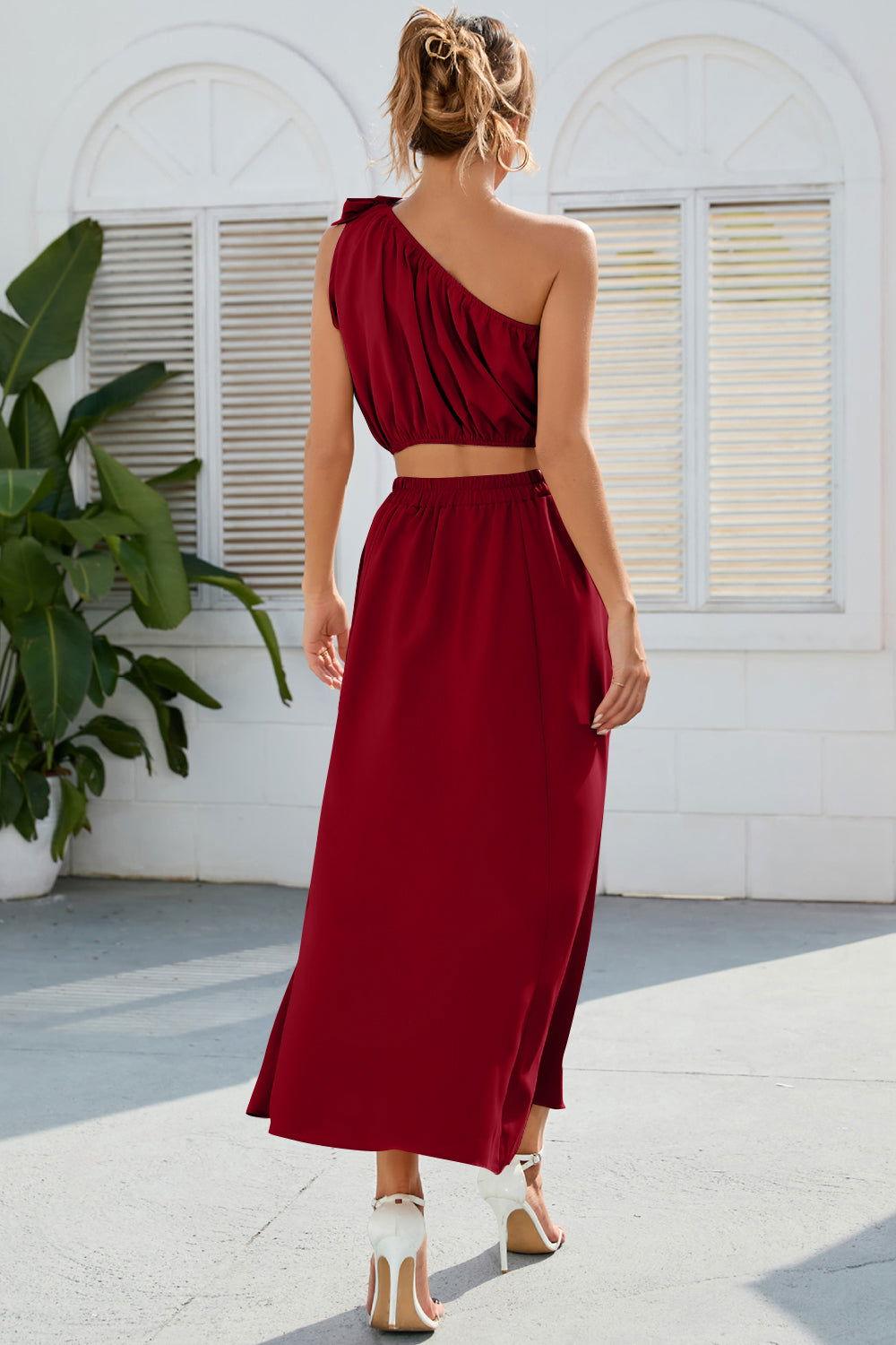 Ruched One Shoulder Top and Slit Skirt Set - Clothes For Her Online Store
