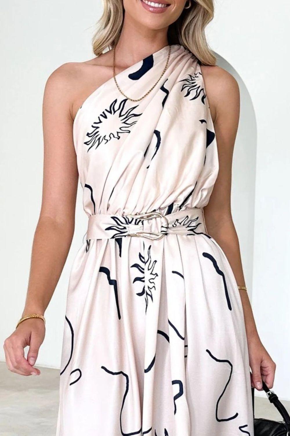 Ruched Printed Single Shoulder Dress - Clothes For Her Online Store