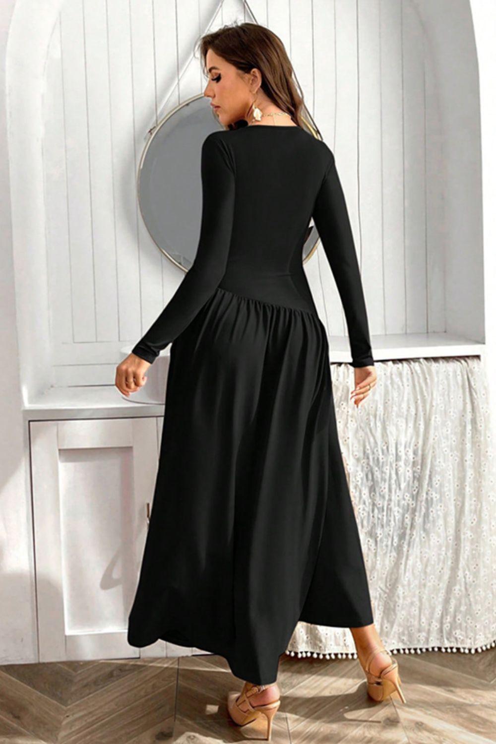 Ruched Round Neck Long Sleeve Dress - Clothes For Her Online Store