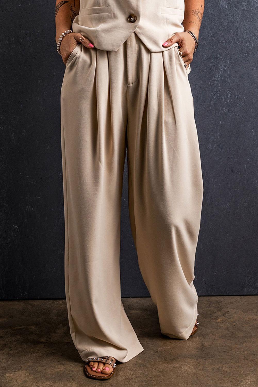 Ruched Wide Leg Pants with Pockets - Clothes For Her Online Store