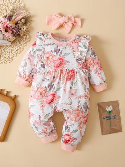 Ruffled Floral Round Neck Jumpsuit with Headband - Clothes For Her Online Store