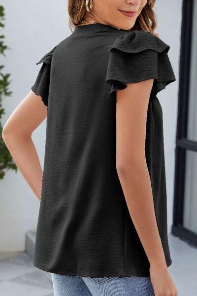 Ruffled Notched Short Sleeve Blouse - Clothes For Her Online Store