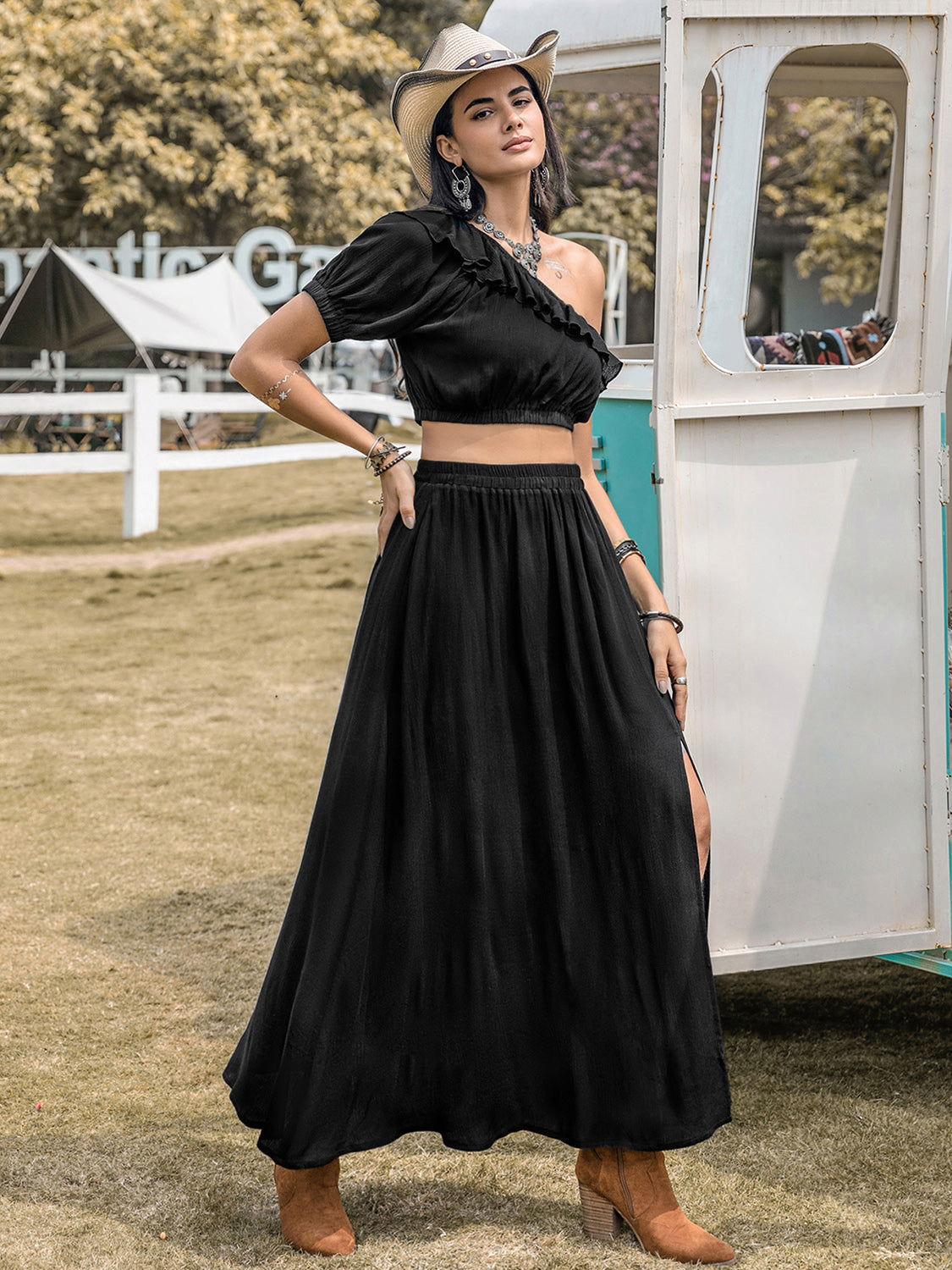 Ruffled Single Shoulder Top and Slit Skirt Set - Clothes For Her Online Store