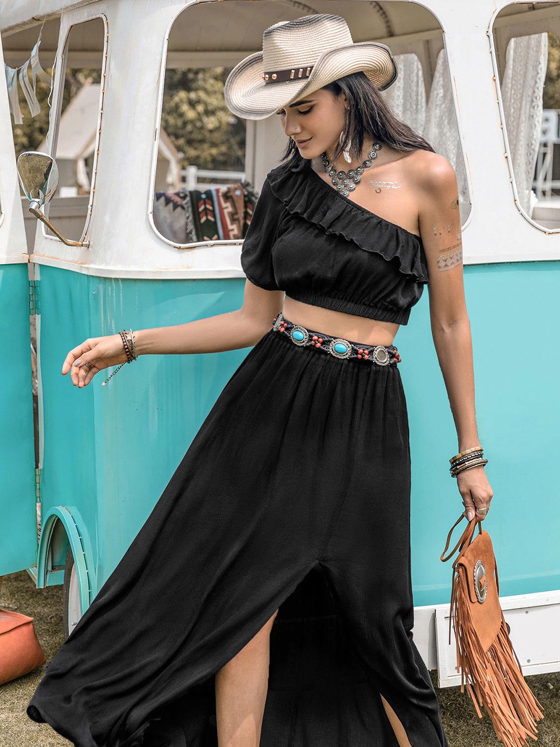 Ruffled Single Shoulder Top and Slit Skirt Set - Clothes For Her Online Store