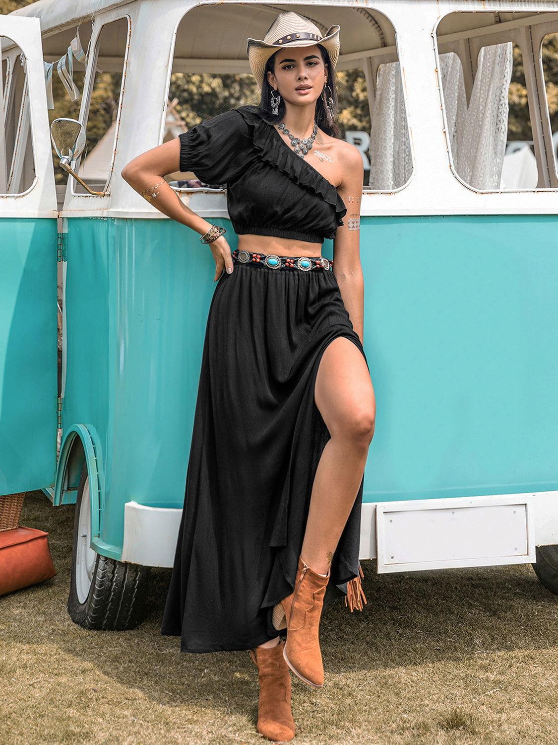 Ruffled Single Shoulder Top and Slit Skirt Set - Clothes For Her Online Store