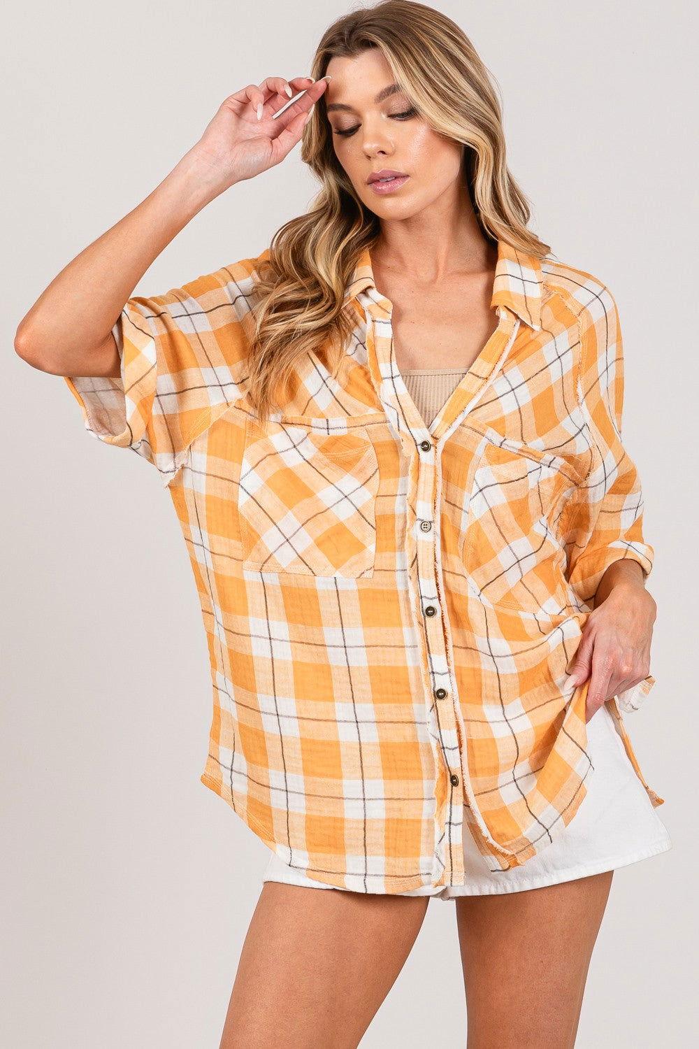 SAGE + FIG Plaid Button Up Side Slit Shirt - Clothes For Her Online Store